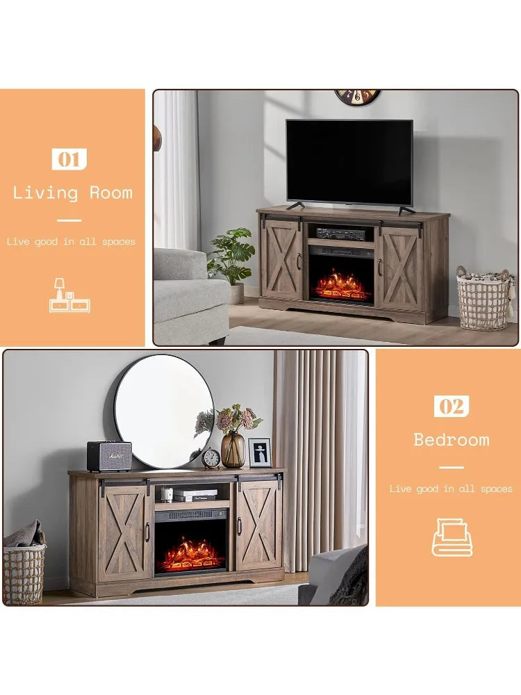 5-Piece Farmhouse Table Set Includes Fireplace TV Stand, Coffee Table& Two End Tables with Charging Station and USB Por