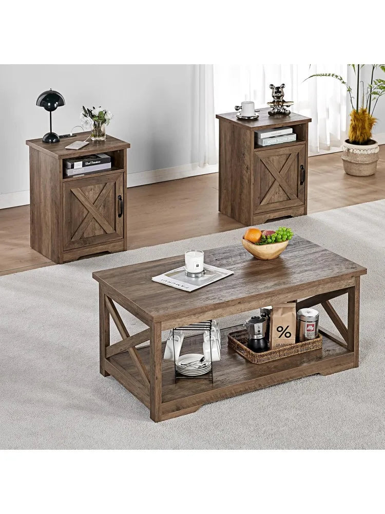 5-Piece Farmhouse Table Set Includes Fireplace TV Stand, Coffee Table& Two End Tables with Charging Station and USB Por