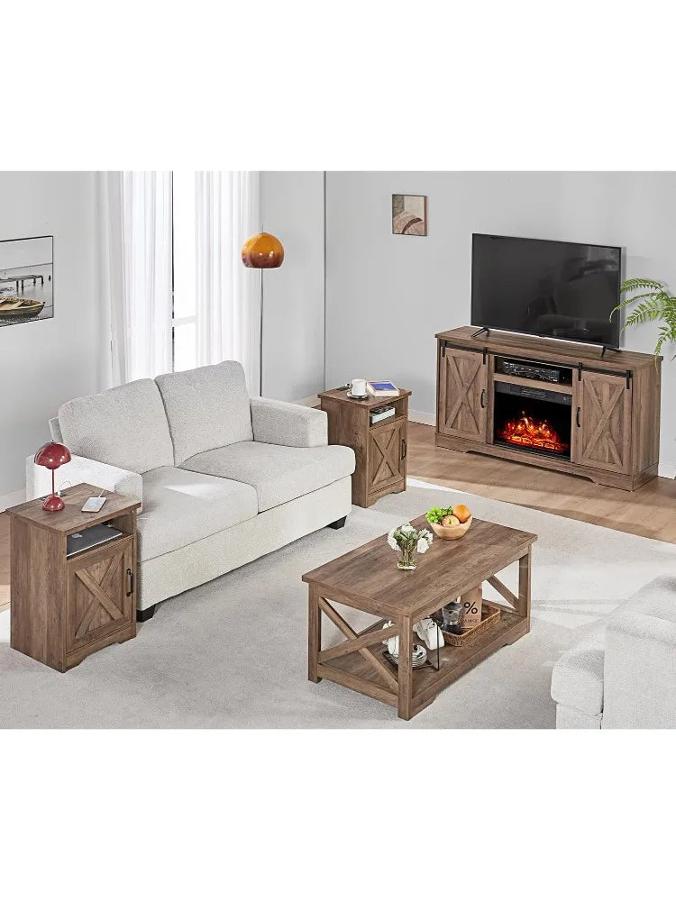 5-Piece Farmhouse Table Set Includes Fireplace TV Stand, Coffee Table& Two End Tables with Charging Station and USB Por